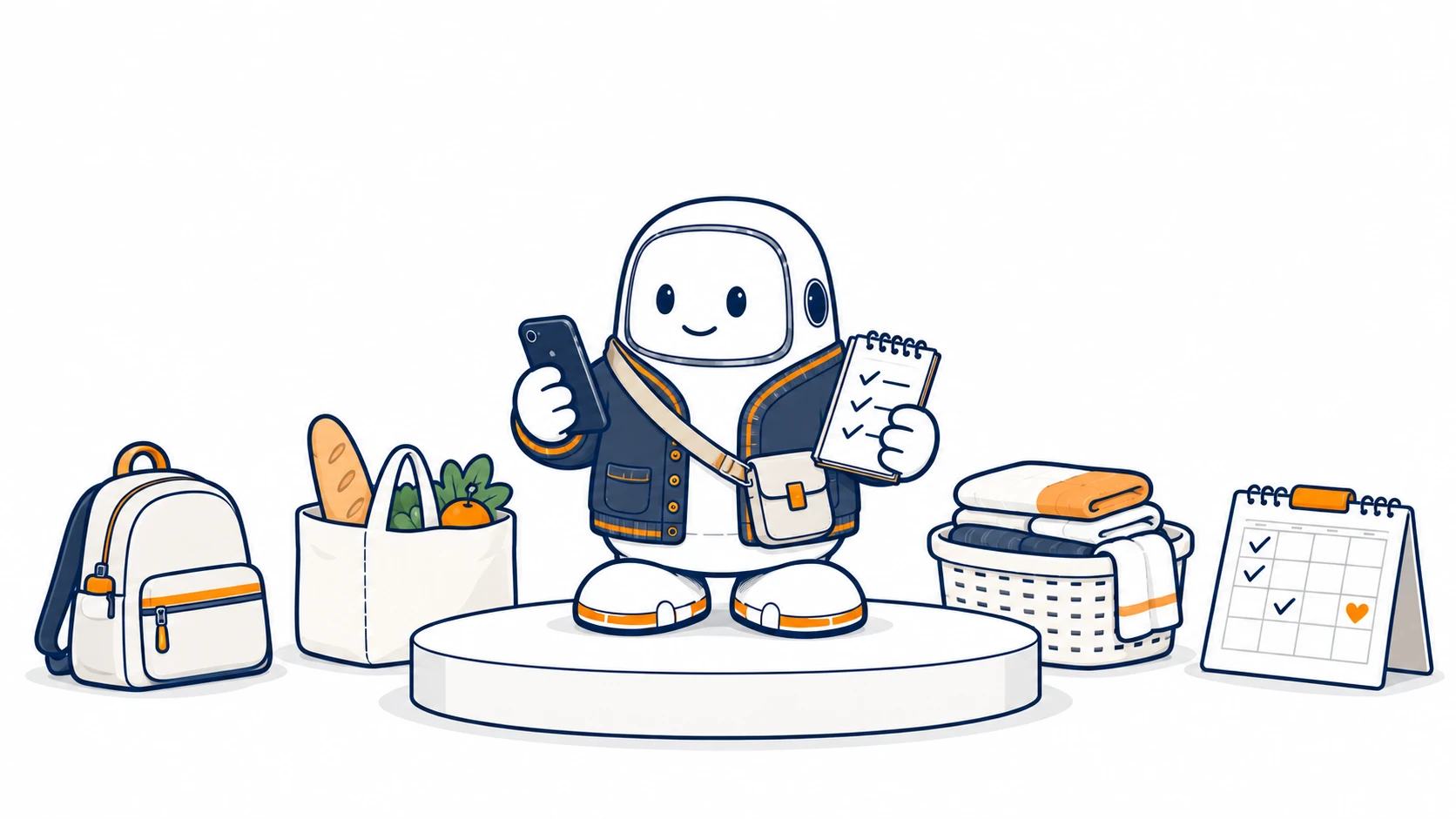 Bert dressed for home life, standing with a household planner and everyday family essentials.