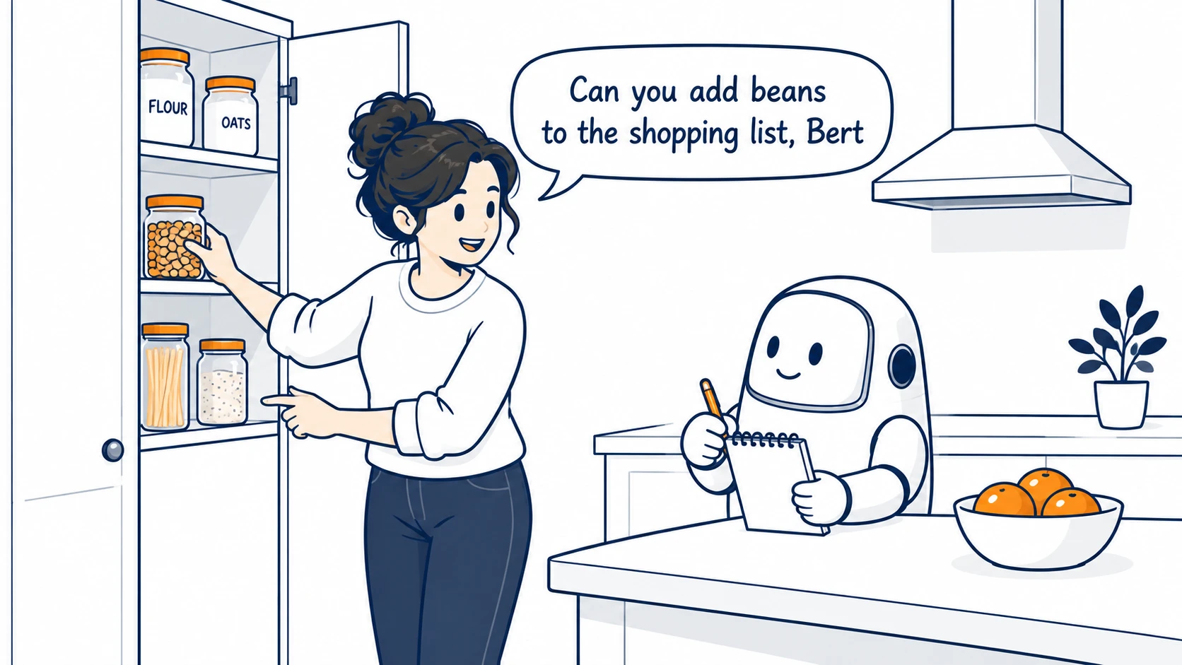 A woman checks the kitchen cupboard while asking Bert, who is writing at the breakfast bar, to add beans to the shopping list.
