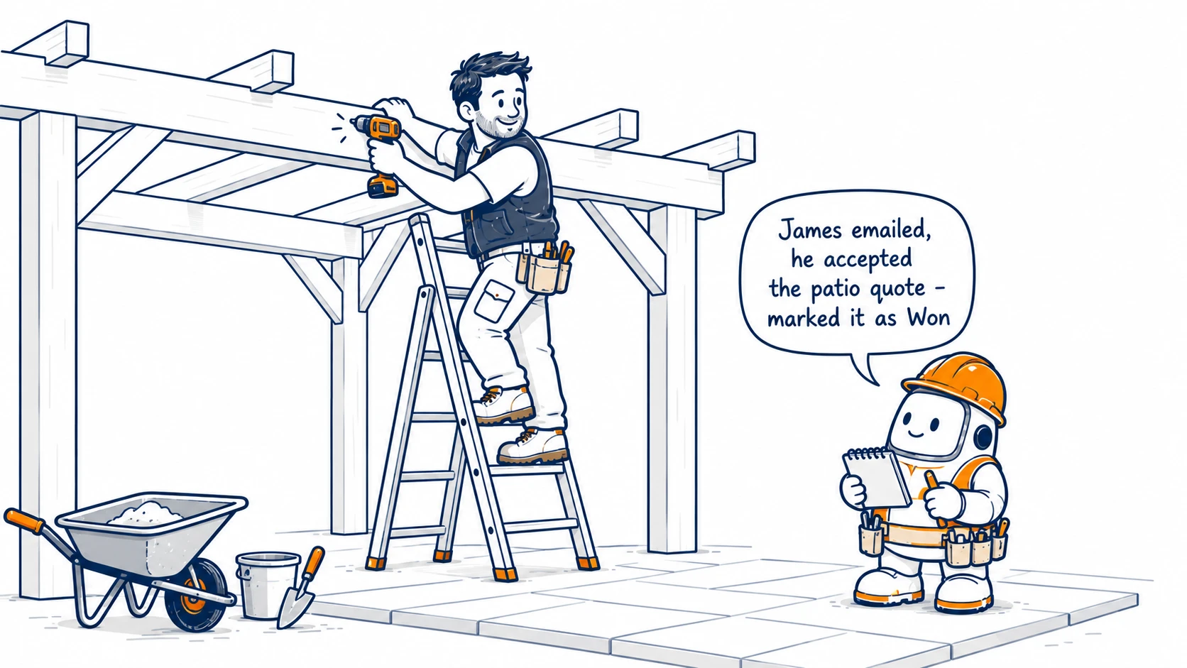 A tradesperson works from a ladder while Bert tells him that James accepted the patio quote and the job has been marked as won.