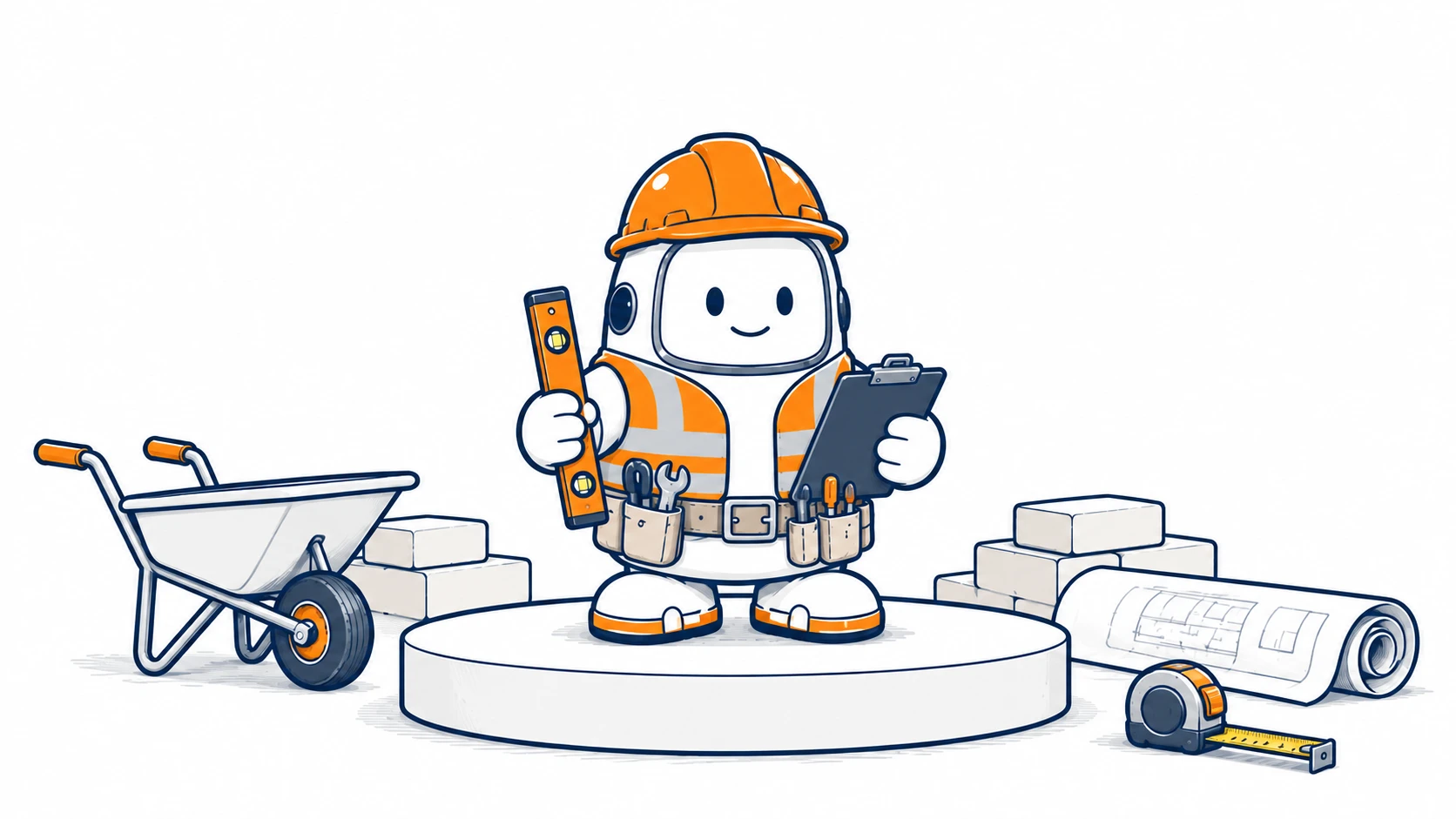 Bert dressed for site work, standing with building tools, plans and a garden wall.