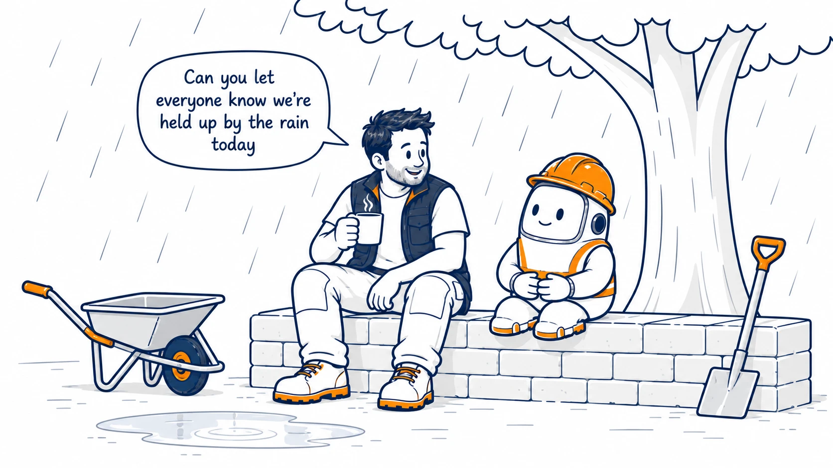 A tradesperson and Bert shelter from the rain beneath a tree while discussing an update for everyone affected by the delay.