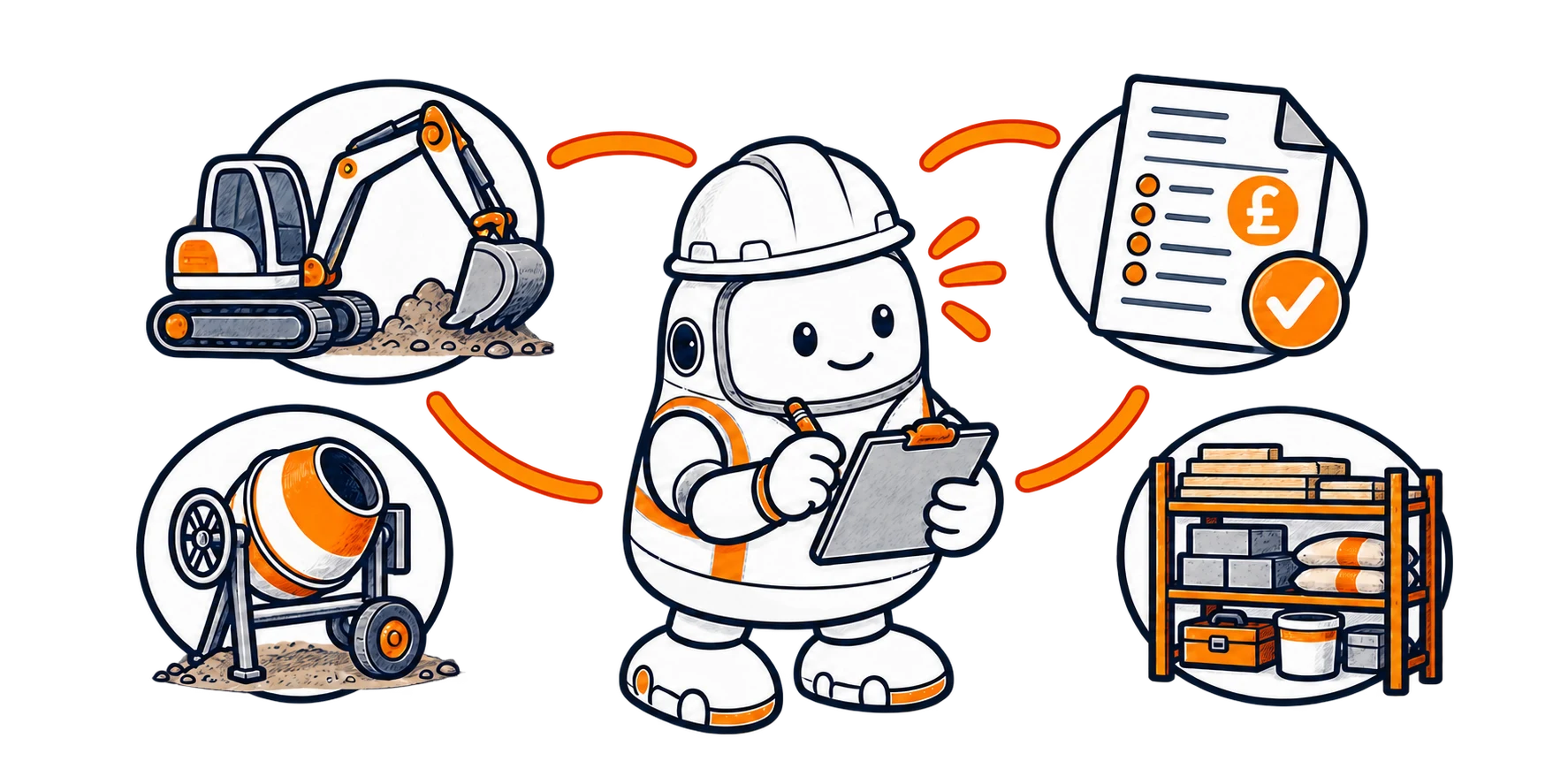 One Bert coordinates a digger, concrete mixer, quotation and inventory around him